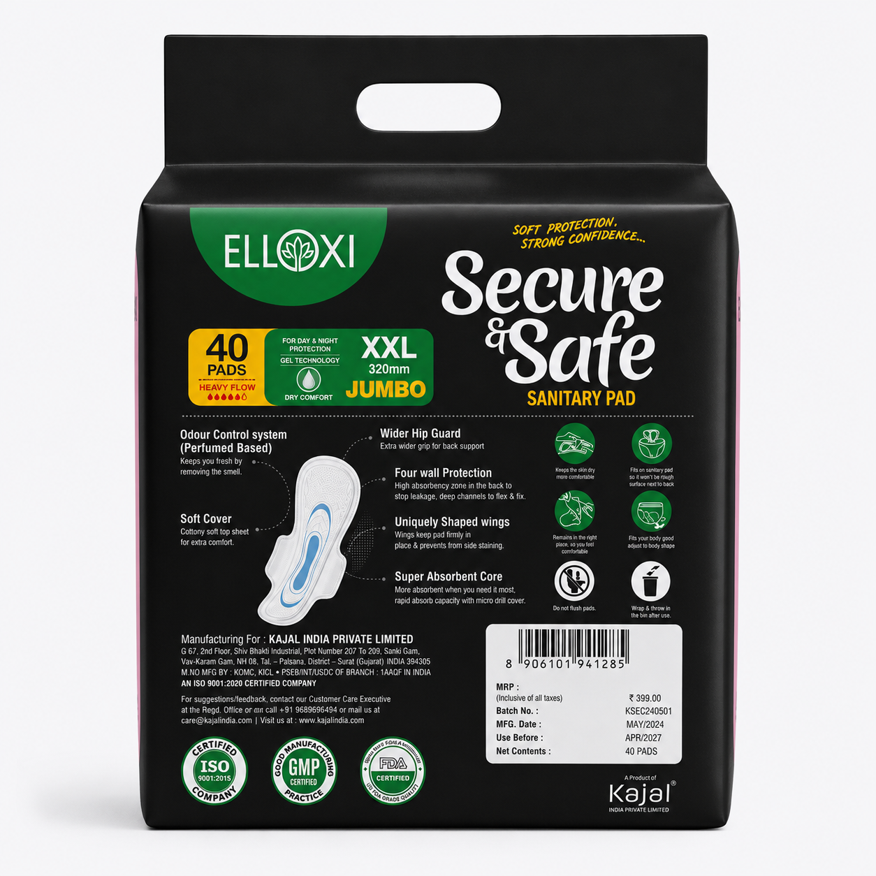 ELLOXI Secure & Safe Sanitary Pads XXL (320 mm) – Jumbo Pack | 40 Pads | Heavy Flow | Dry Comfort - Image 2