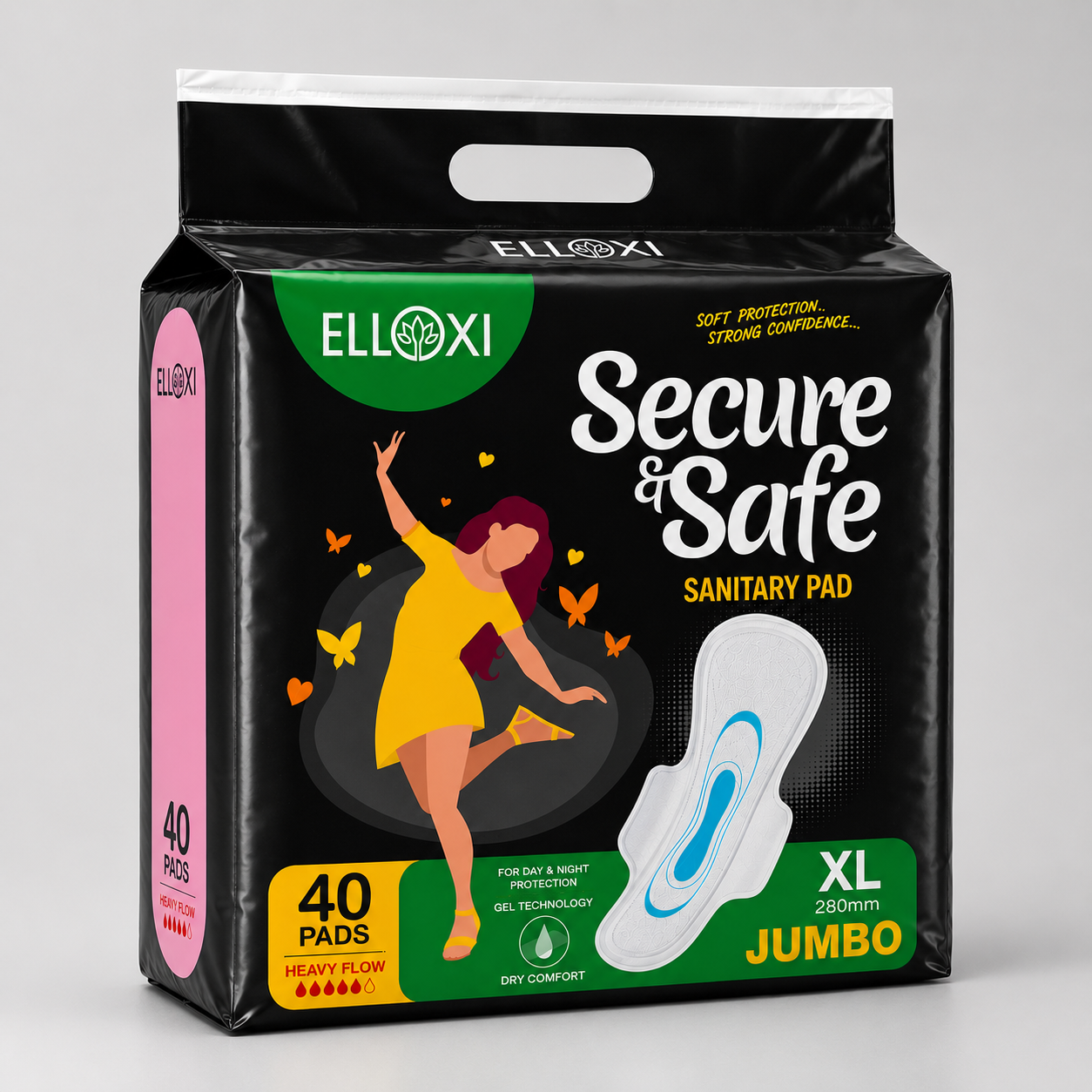 ELLOXI Secure & Safe Sanitary Pads XL (280 mm) – Jumbo Pack | 40 Pads | Heavy Flow | Dry Comfort