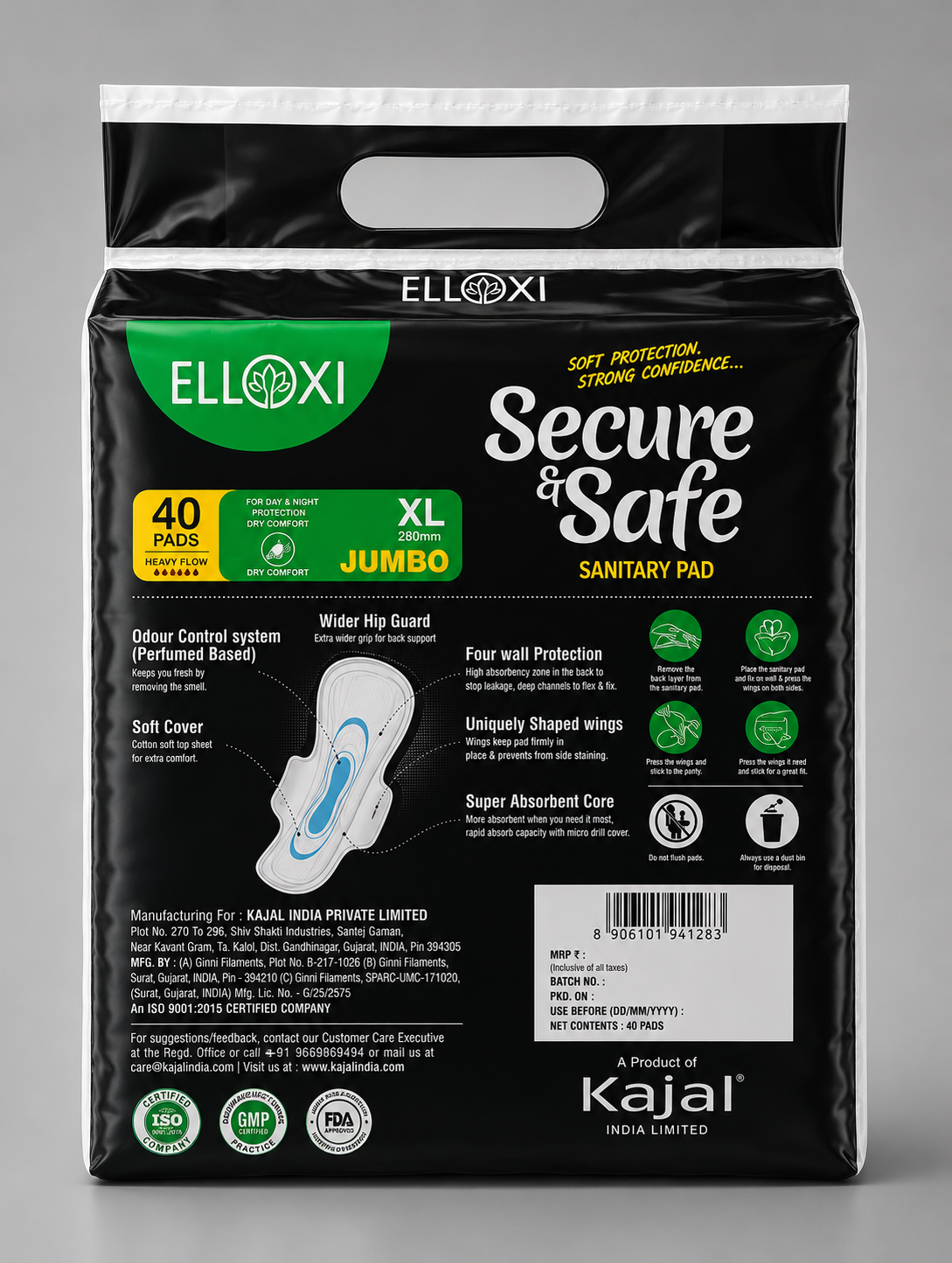 ELLOXI Secure & Safe Sanitary Pads XL (280 mm) – Jumbo Pack | 40 Pads | Heavy Flow | Dry Comfort - Image 3